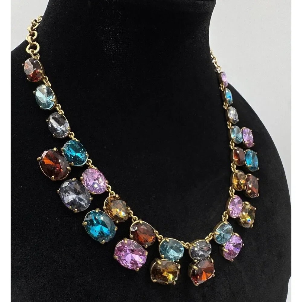 J.Crew Gold Tone Blue Purple Red Oval Rhinestone Statement Necklace New With Tag - Picture 2 of 9